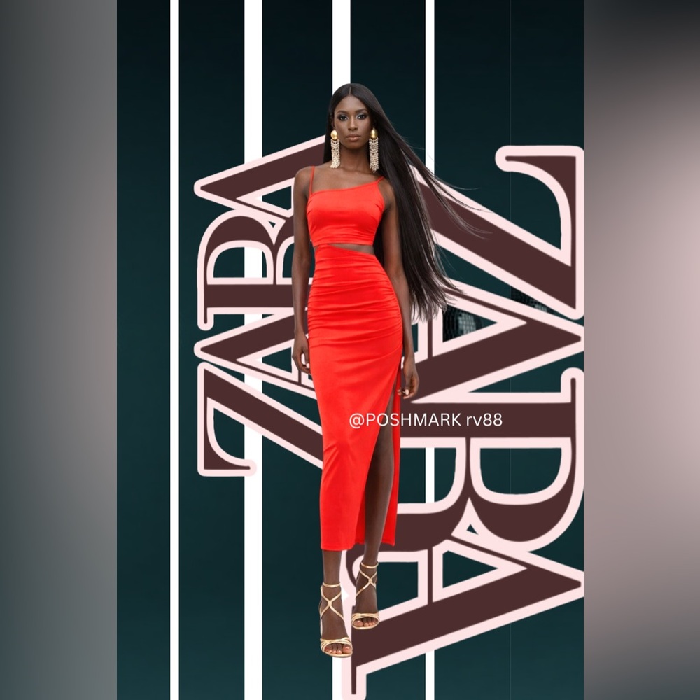 ZARA Red Cut Out Asymmetrical Midi Dress With High Slit